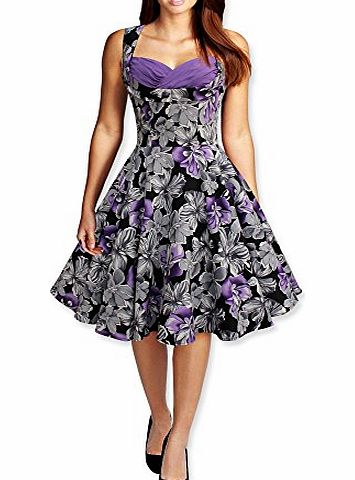 Black Butterfly Clothing Classy Vintage 1950s Pinup Full Circle Swing Dress [BBD125]- Black amp; Purple, 16
